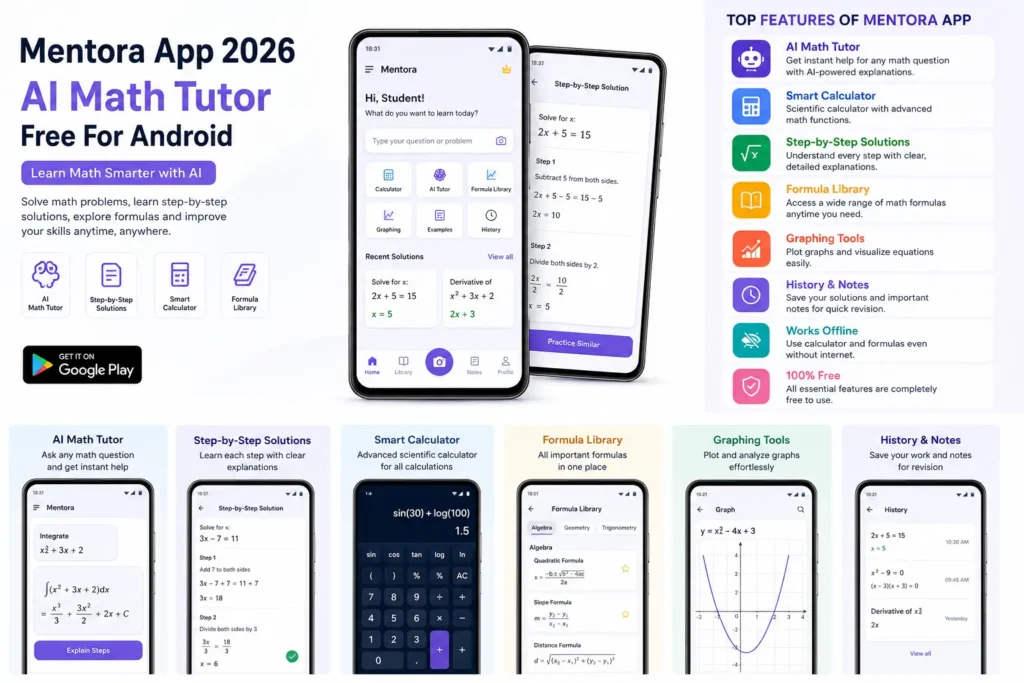 Use the free fearures of Mentora App 2026 to solve hard mathematice questions.