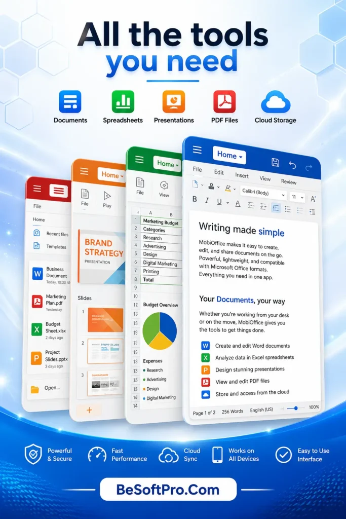There are so many tools available in MobiOffice APK for Android, such as documents, spreadsheets, presentations, PDF files, and cloud storage.