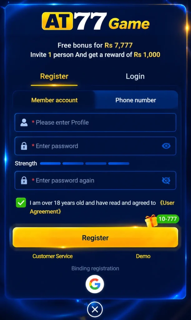 Download AT77 Game APK on your Android phone, install it, and register yourself to play available games and earn real cash.