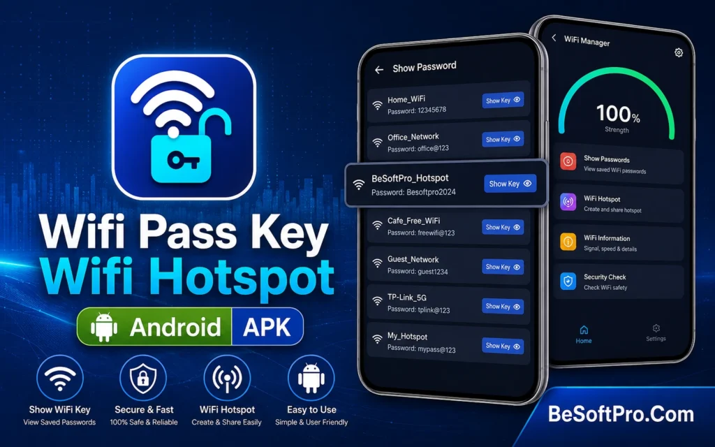 Looking for WiFi password show and free WiFi password connect features? Try WiFi Pass Key Wifi Hotspot Android APK for easy WiFi scanning, connection, and sharing.