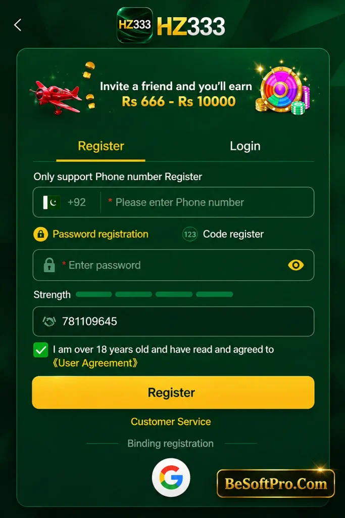 HZ333 Game APK 2026 has simple registration, login, and installation methods