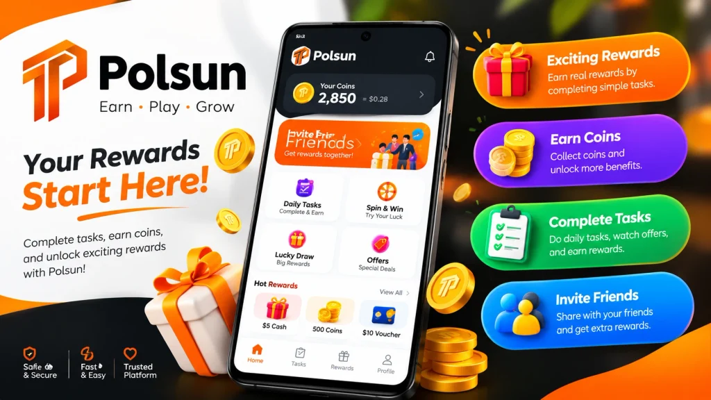 Polsun is an Android earning platform that offers several earning related features to its users.