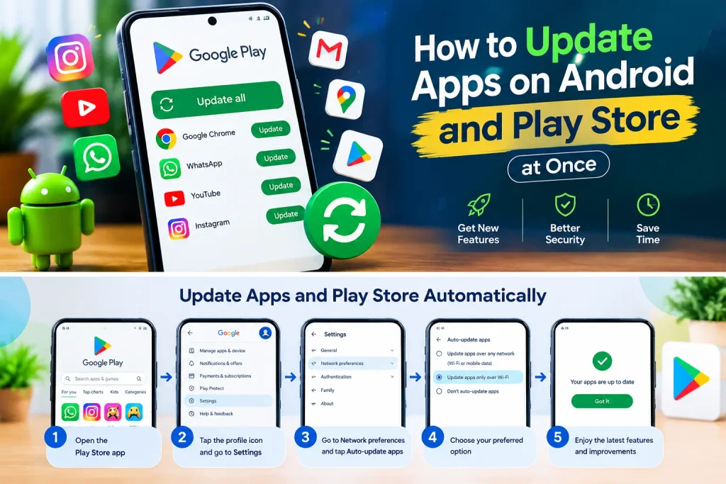 Discover how to update Android apps and Google Play Store automatically. Follow simple steps to update all apps at once, improve security, and save mobile data.